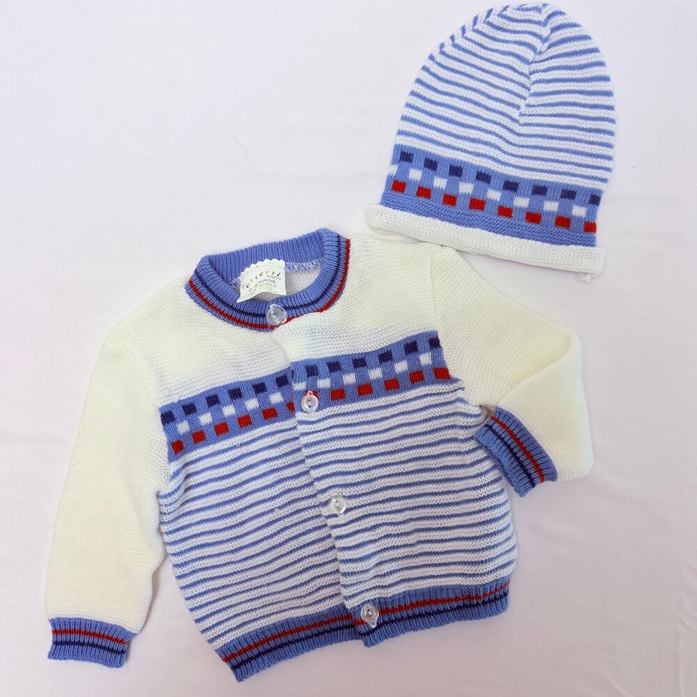 Vintage 80s Confetti Knits Knit Striped Cardigan & Matching Hat Set Sz 0-6 mo